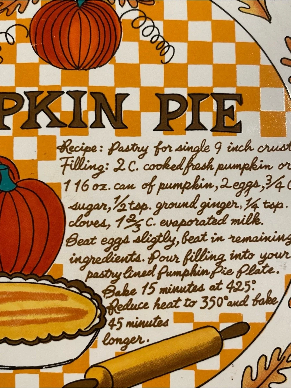 Vintage 1980s Over and Back Inc Pumpkin Pie Recipe Ceramic Baking Dish